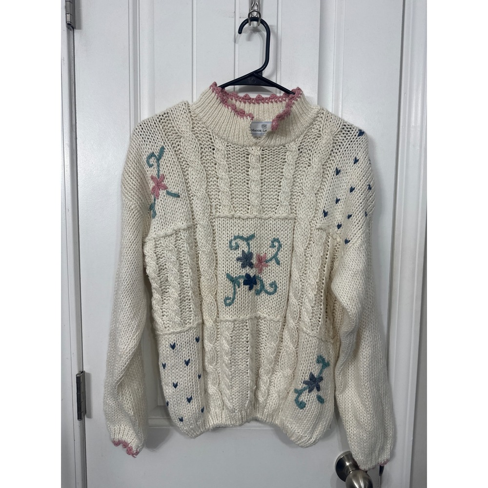 Maggie Lawrence Vintage Cream Cable Knit Floral Embroidered Mock Neck Sweater S